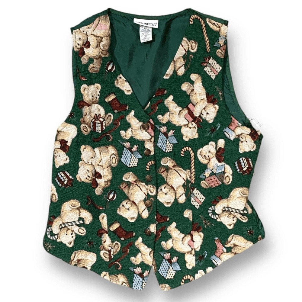 Vintage Christmas Teddy Bear Vest Green Holiday Novelty Waistcoat Whimsical - Picture 1 of 11